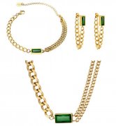 Small Green Rectangle Zircon Gold Plating Necklace Bracelet and Earring set